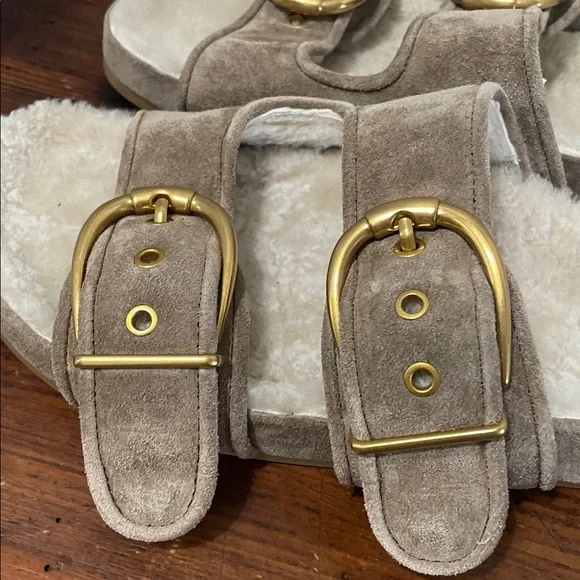 Veronica Beard Prue Shearling Lined Ecru Suede slide sandals NWT - Picture 7 of 10